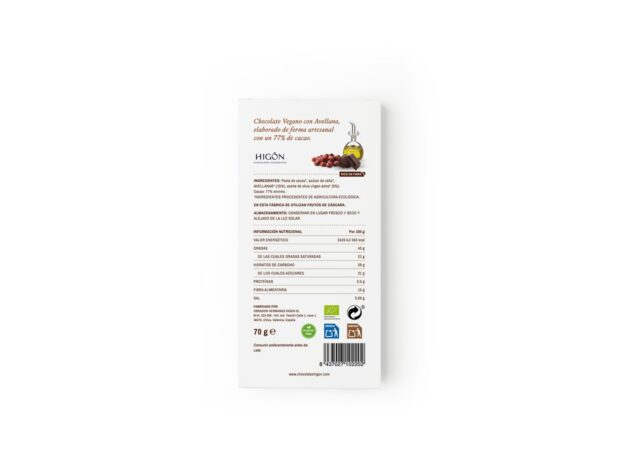 Reverso de la tableta de chocolate 77 % cacao con avellana de Chocolates Higón